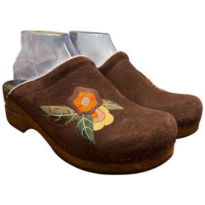 DANSKO 39/US8.5-9 Brown Suede Comfort Clog Orange Floral Embroidery Mules READ